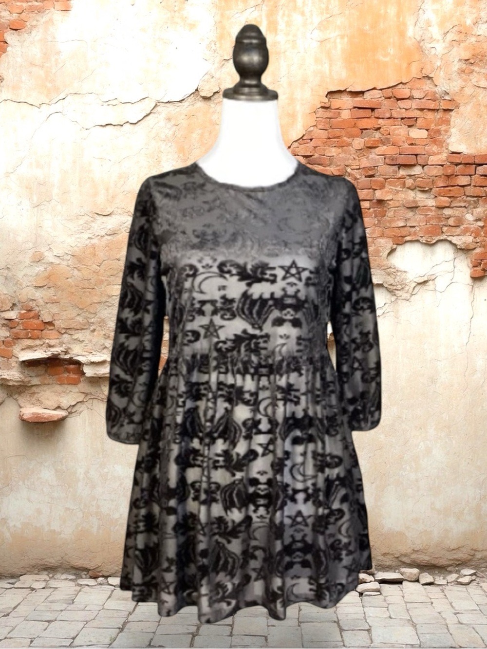 Iron Fist Skater Dress Black Flocked Velvet Occult Bat Moon Pentagram Goth S